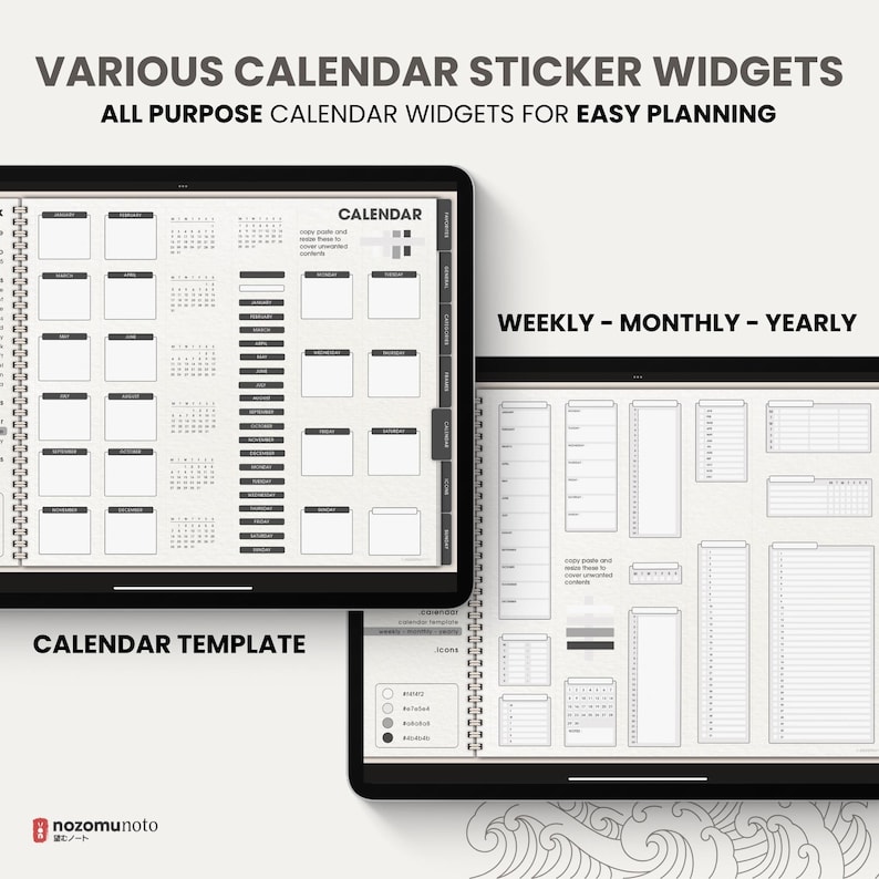 Ultimate Digital Stickers Stickerbook Widget NozomuNoto Japanese Multipurpose Minimalist Calendar ADHD Bullet Journal png Goodnotes Notability Android Tablet iPad finance work study travel health Noteshelf Samsung Xodo