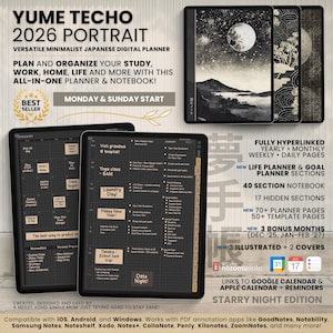 2026 Digital Planner Yume Techo Portrait Notebook Bullet Japanese Dark Multipurpose Minimalist ADHD Journal Hyperlinked PDF Goodnotes Study