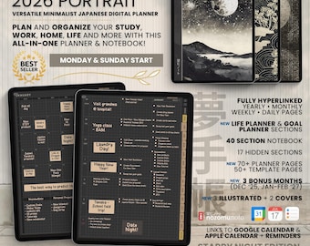 2026 Digital Planner Yume Techo Portrait Notebook Bullet Japanese Dark Multipurpose Minimalist ADHD Journal Hyperlinked PDF Goodnotes Study