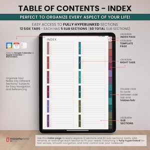 NozomuNoto Yume Noto V3 Portrait Kraft Color Edition notebook for GoodNotes, Notability, Penly, iPad and Android, showing table of contents and index page with side tabs, 12 sections, 40 note subjects and navigation callouts.