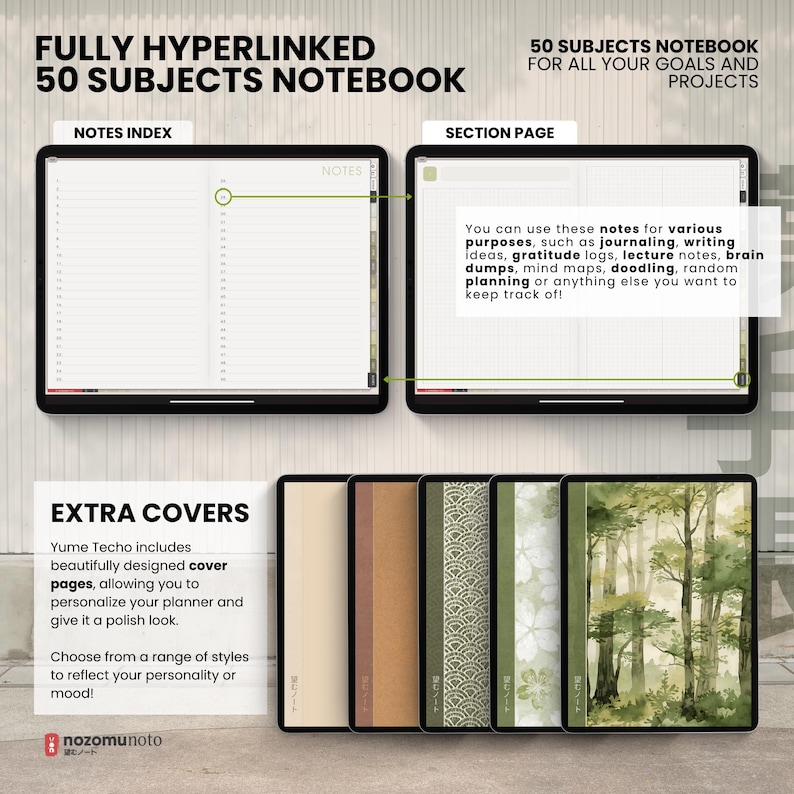 Undated Digital Planner Yume Techo NozomuNoto Notebook Daily Weekly Monthly Calendar Japanese Multipurpose Minimalist ADHD Bullet Journal Hyperlinked PDF Goodnotes Notability Landscape Android iPad Student Study Noteshelf Samsung Notes Hobonichi  Noteful Penly Kilonotes Collanote Zoomnotes