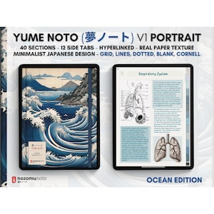Puede incluir: Un cuaderno digital con un diseño de olas azul y blanco en la portada. El cuaderno está abierto en una página con un diagrama del sistema respiratorio. El texto "YUME NOTO (夢ノート) V1 PORTRAIT" está en la parte superior de la imagen. El texto "OCEAN EDITION" está en la parte inferior de la imagen.