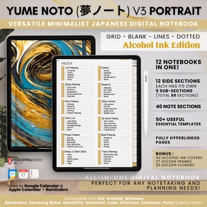 May include: Digital notebook with a minimalist design, featuring a grid, blank, lines, and dotted layout. The Alcohol Ink Edition includes 12 notebooks in one, with 12 side sections, 40 note sections, and 50+ templates. Compatible with iOS, Android, and Windows.