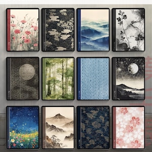 Illustrated digital planner covers featuring flowers, waves, forests, mountains and Japanese patterns, shown on tablet previews.