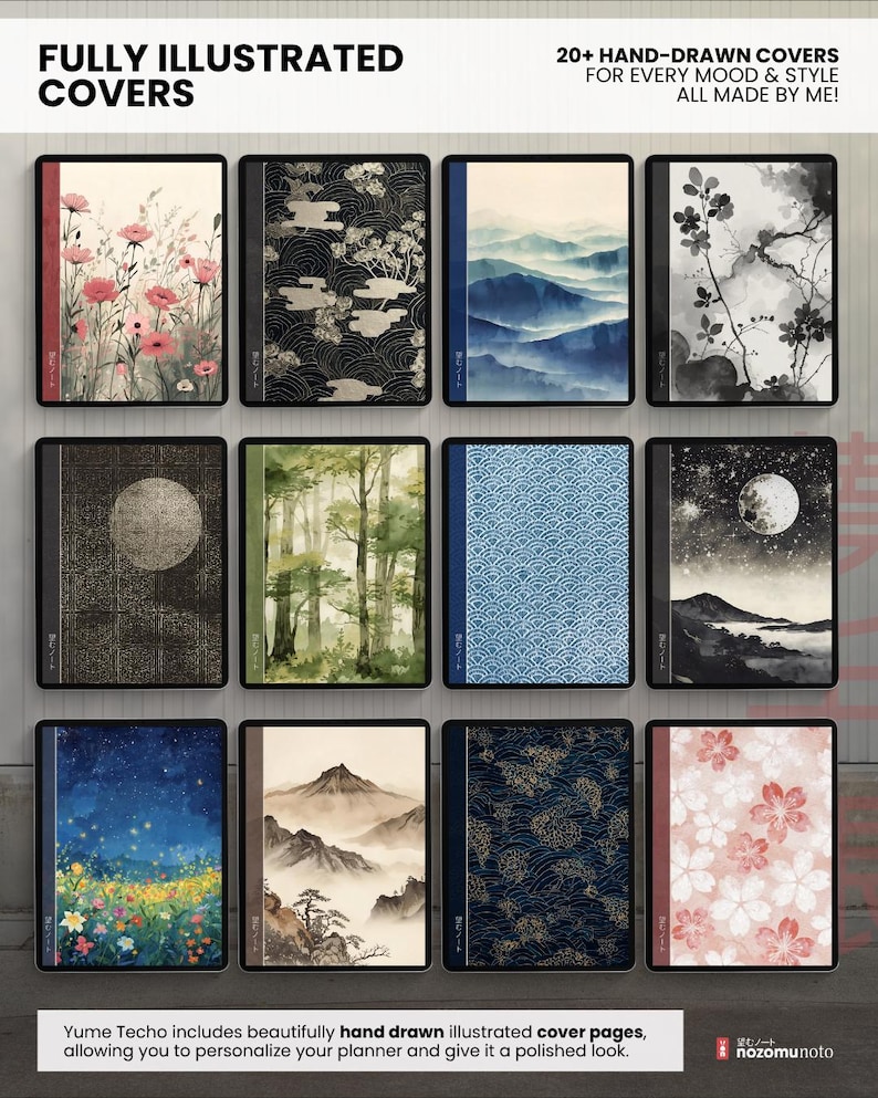 Illustrated digital planner covers featuring flowers, waves, forests, mountains and Japanese patterns, shown on tablet previews.