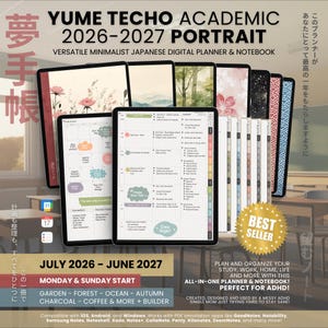 May include: A digital planner and notebook titled Yume Techo Academic 2026-2027 Portrait, featuring multiple tablet screens displaying monthly and weekly layouts with floral, forest, and patterned covers, plus a gold Best Seller badge.