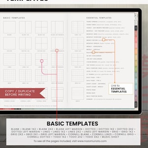 Light paper template index and writing layouts with callouts explaining how to copy or duplicate templates before writing.