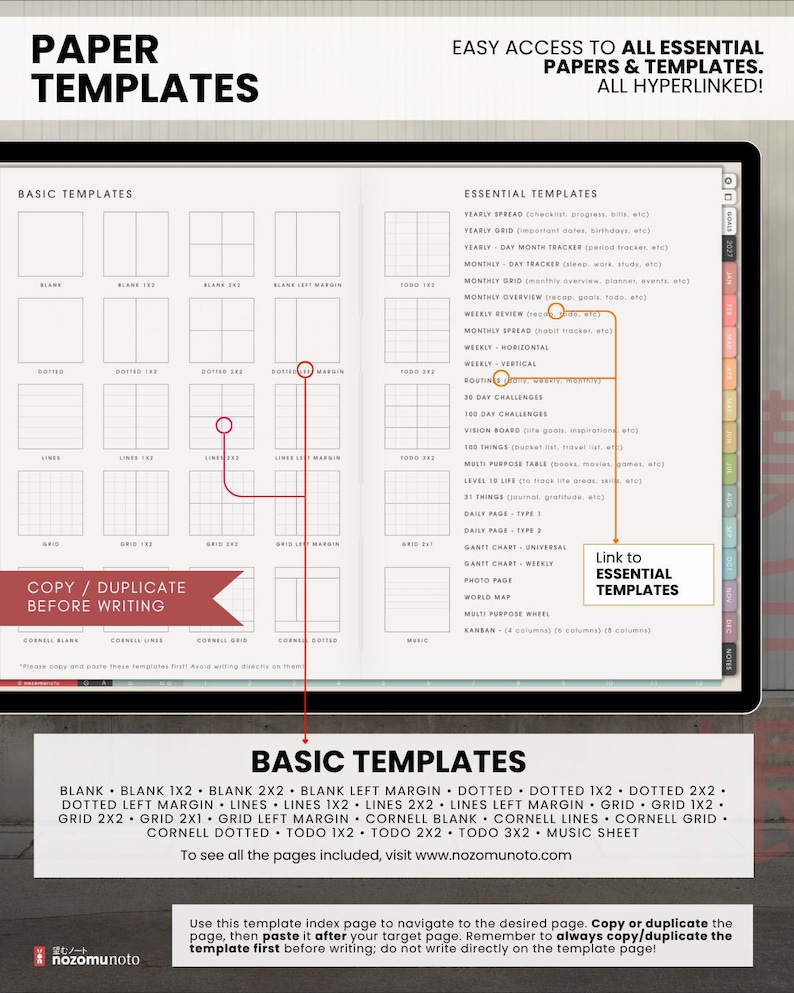 Light paper template index and writing layouts with callouts explaining how to copy or duplicate templates before writing.