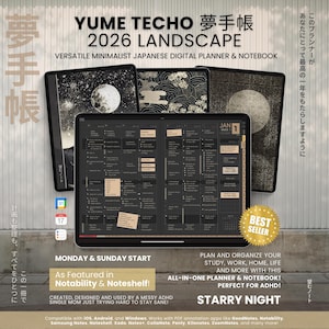 2026 Dark Digital Planner Yume Techo Landscape Notebook Bullet Japanese Multipurpose Minimalist ADHD Journal Hyperlinked PDF Goodnotes Study