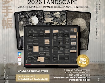 2026 Dark Digital Planner Yume Techo Landscape Notebook Bullet Japanese Multipurpose Minimalist ADHD Journal Hyperlinked PDF Goodnotes Study