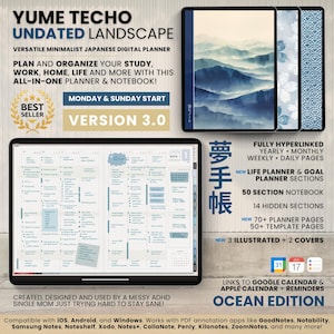 Undated Digital Planner Notebook Subject Japanese Multipurpose Minimalist ADHD Journal Hyperlinked PDF Goodnotes Notability Landscape