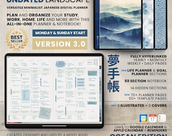 Undated Digital Planner Notebook Subject Hobo Japanese Multipurpose Minimalist ADHD Journal Hyperlinked PDF Goodnotes Notability Landscape