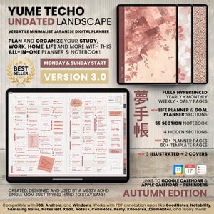 Może przedstawiać: Cyfrowy planer o minimalistycznym designie, z układem kalendarza i dodatkowymi stronami. Planer zawiera tekst "Yume Techo Undated Landscape" i "Autumn Edition". Jest kompatybilny z systemami iOS, Android i Windows.