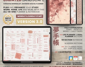 Undated Digital Planner Notebook Subject Hobo Japanese Multipurpose Minimalist ADHD Journal Hyperlinked PDF Goodnotes Notability Landscape