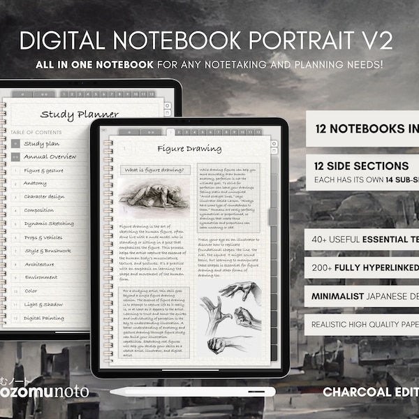 Digital Notebook Portrait All in One 12 Tab 168 Sub Multipurpose Minimalist Journal ADHD Hyperlinked PDF Goodnotes Grey Black