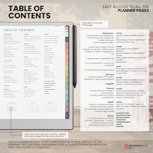 NozomuNoto Yume Techo 2026 Portrait e-reader planner PDF, showing the table of contents with planner pages, notes, templates, 50 subjects, 14 hidden sections and calendar access tabs.