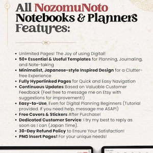 NozomuNoto Yume Noto V2 Landscape Garden Edition digital notebook for GoodNotes, Notability, Penly, iPad and Android, showing NozomuNoto notebooks and planners features, unlimited pages, app compatibility, hyperlinks, covers, stickers and updates.