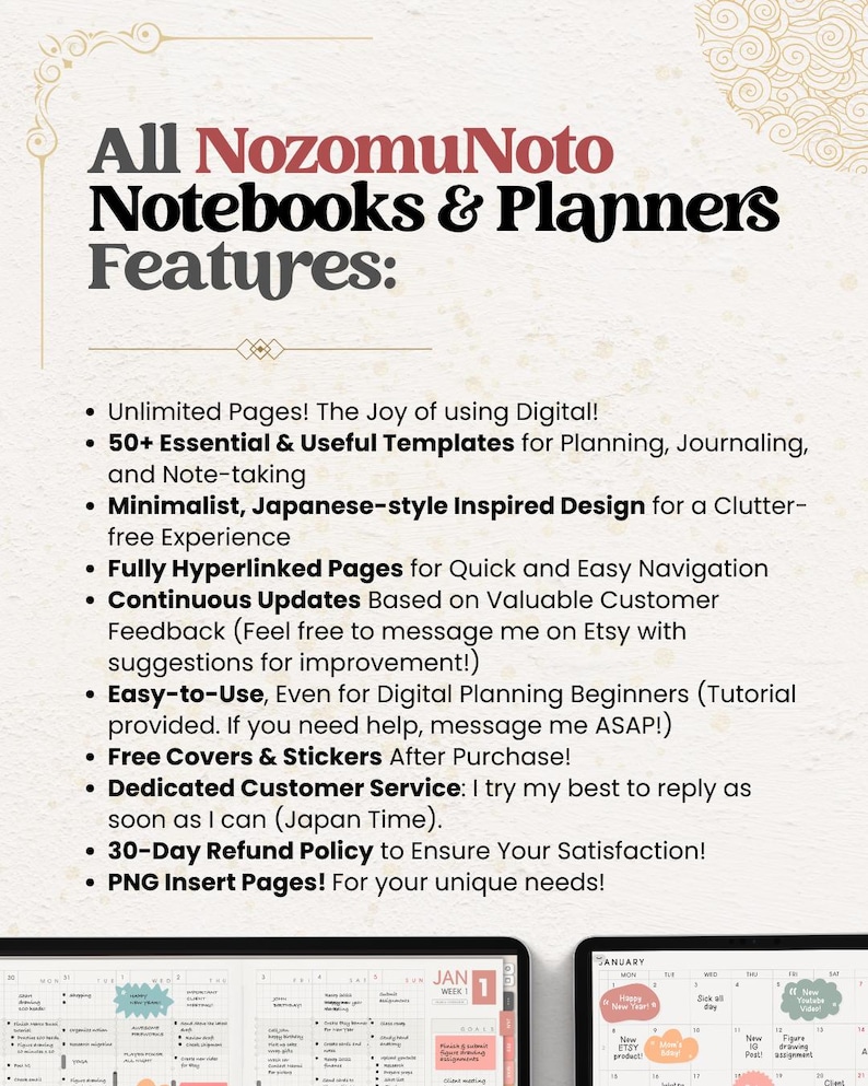 NozomuNoto Yume Noto V2 Landscape Garden Edition digital notebook for GoodNotes, Notability, Penly, iPad and Android, showing NozomuNoto notebooks and planners features, unlimited pages, app compatibility, hyperlinks, covers, stickers and updates.