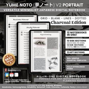 Digital Notebook Portrait All in One 12 Tab 168 Sub Multipurpose Minimalist Journal ADHD Hyperlinked PDF Goodnotes Grey Black