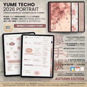 2026 Digital Planner Yume Techo Portrait Notebook Bullet Japanese Daily Multipurpose Minimalist ADHD Journal Hyperlinked PDF Goodnotes Study
