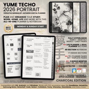 2026 Digital Planner Yume Techo Portrait Notebook Bullet Japanese Daily Multipurpose Minimalist ADHD Journal Hyperlinked PDF Goodnotes Study