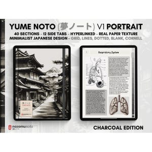 May include: A digital notebook with a charcoal cover featuring a Japanese-style illustration of a mountain and buildings. The notebook has 40 sections, 12 side tabs, and is hyperlinked. The text "YUME NOTO (夢ノート) V1 PORTRAIT" is displayed at the top of the image.
