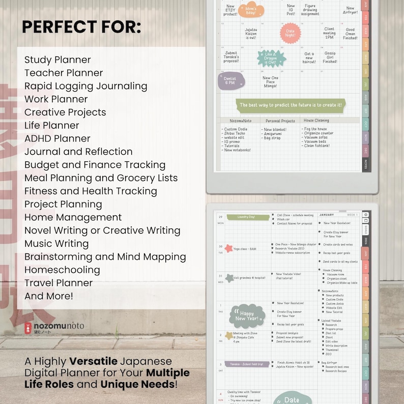NozomuNoto Yume Techo 2026 Portrait e-reader planner PDF, showing use cases for study, teaching, work, ADHD planning, journaling, finance tracking, project planning, travel planning and more.