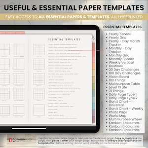 NozomuNoto Yume Noto V2 Landscape Garden Edition digital notebook for GoodNotes, Notability, Penly, iPad and Android, showing essential templates including yearly, weekly, monthly, finance, health, meal, project, goal, book and travel pages.