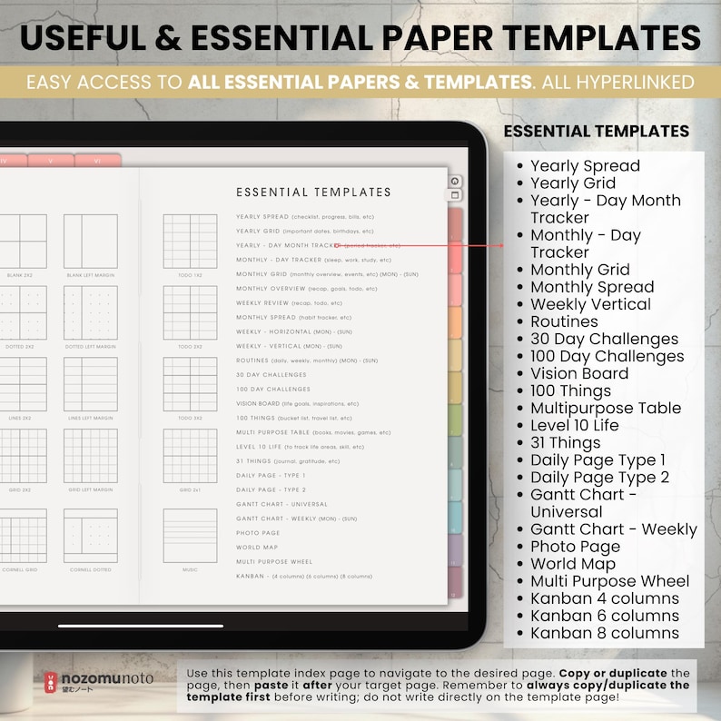 NozomuNoto Yume Noto V2 Landscape Garden Edition digital notebook for GoodNotes, Notability, Penly, iPad and Android, showing essential templates including yearly, weekly, monthly, finance, health, meal, project, goal, book and travel pages.