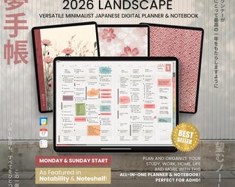 2026 Digital Planner Yume Techo Landscape Notebook Bullet Japanese Hobo Multipurpose Minimalist ADHD Journal Hyperlinked PDF Goodnotes Study