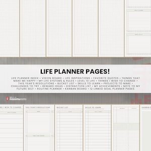 A collage of Light life planner pages for personal goals, routines, ideas, projects and reflection.