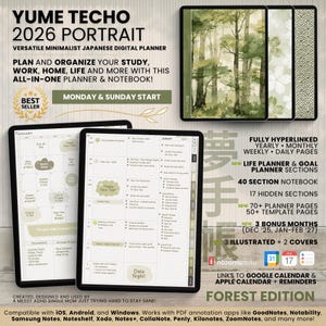 2026 Digital Planner Yume Techo Portrait Notebook Bullet Japanese Daily Multipurpose Minimalist ADHD Journal Hyperlinked PDF Goodnotes Study