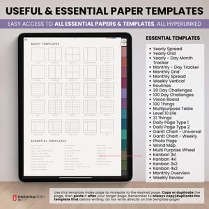 NozomuNoto Yume Noto V3 Portrait Kraft Color Edition notebook for GoodNotes, Notability, Penly, iPad and Android, showing essential templates list with yearly, monthly, weekly, tracker, challenge, shopping, Kanban, reading and study pages.