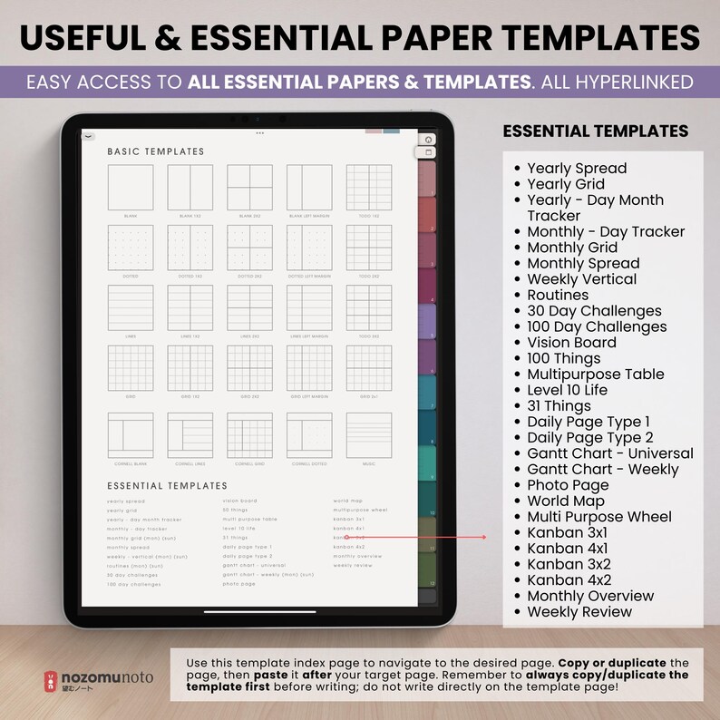 NozomuNoto Yume Noto V3 Portrait Kraft Color Edition notebook for GoodNotes, Notability, Penly, iPad and Android, showing essential templates list with yearly, monthly, weekly, tracker, challenge, shopping, Kanban, reading and study pages.
