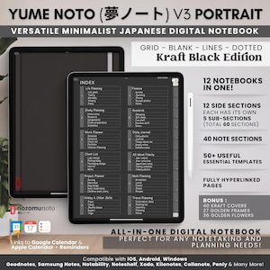 May include: A digital notebook on a tablet, featuring a minimalist design with a black and white color scheme. The screen displays an index with various planning sections. Text on the screen reads "Yume Noto V3 Portrait" and "Kraft Black Edition".