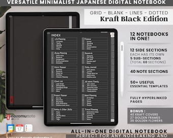 Digital Notebook Portrait 12 Tabs 40 Notes Covers Multipurpose Minimalist Journal ADHD Hyperlinked PDF Goodnotes Penly Work Study Planner