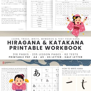 Peut inclure: Un cahier d'exercices imprimable pour Hiragana et Katakana comprenant 316 pages, 235 pages de leçons et 62 tests. La couverture affiche le texte LEARN, TRACE, WRITE, MEMORIZE & TEST YOUR KANA HIRAGANA & KATAKANA PRINTABLE WORKBOOK.