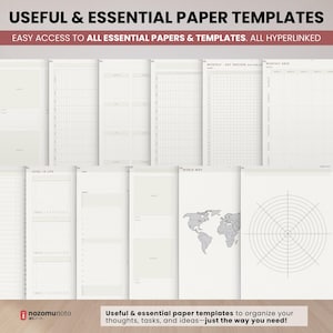 NozomuNoto Yume Noto V3 Portrait Kraft Color Edition notebook for GoodNotes, Notability, Penly, iPad and Android, showing paper template previews with planning pages, lists, charts, maps, graph pages, writing pages and diagrams.
