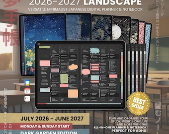 Digital Planner Academic 2026 2027 Dark Notebook Daily Weekly Japanese Teacher Student Minimalist ADHD Study Goodnotes Notability Landscape