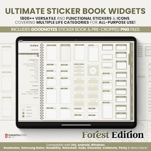 May include: A digital tablet displaying a sticker book with a forest theme. The sticker book includes a variety of stickers and icons for organizing and planning. The stickers are in a light brown color and are organized into categories such as "index", "favorite", "blanks & basic to do", "categories", "frames", "calendar", and "icons". The sticker book is compatible with Goodnotes, Samsung Notes, Notability, Noteshelf, Xodo, Kilonotes, Collanote, Penly, and many more.