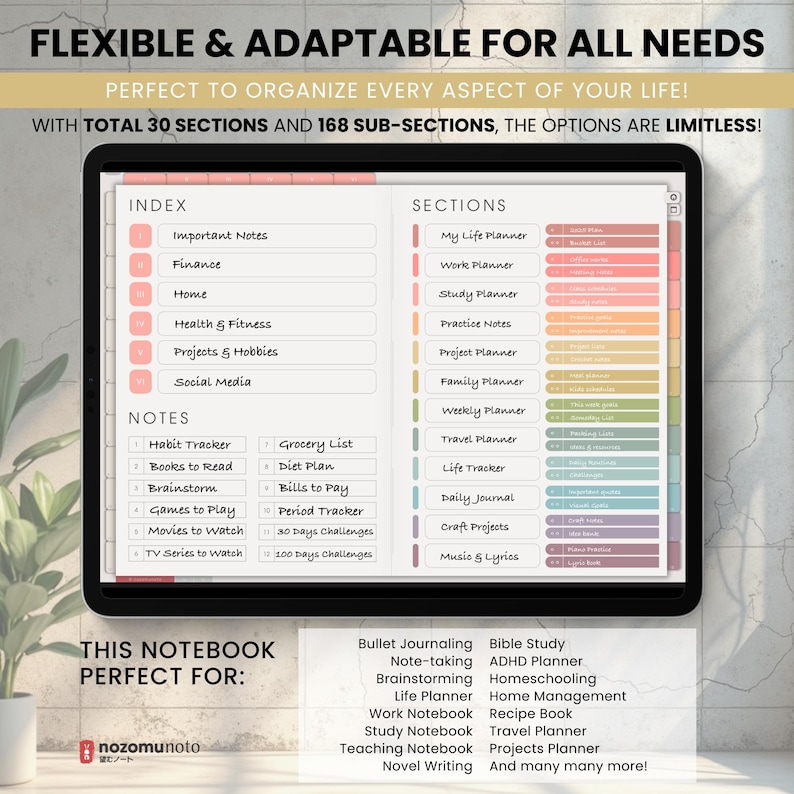 NozomuNoto Yume Noto V2 Landscape Garden Edition digital notebook for GoodNotes, Notability, Penly, iPad and Android, showing uses for bullet journaling, students, ADHD study, home, work, recipes, finance, teaching, writing and projects.