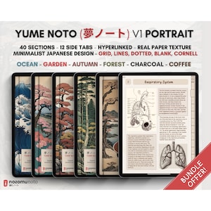 Op de afbeelding: Een set van zes digitale notitieboekjes met Japanse geïnspireerde ontwerpen. De notitieboekjes bevatten afbeeldingen van golven, kersenbloesems, bomen en een bos. De notitieboekjes zijn gelabeld met "Yume Noto" en hebben een "Bundle Offer!"-label.
