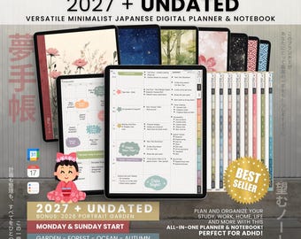 Digital Planner 2027 Undated Portrait Light | Yume Techo Japanese Daily Weekly Journal | Goodnotes Notability iPad Android