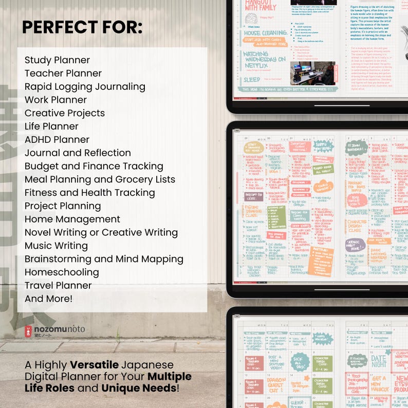 Undated Digital Planner Yume Techo NozomuNoto Notebook Daily Weekly Monthly Calendar Japanese Multipurpose Minimalist ADHD Bullet Journal Hyperlinked PDF Goodnotes Notability Landscape Android iPad Student Study Noteshelf Samsung Notes Hobonichi  Noteful Penly Kilonotes Collanote Zoomnotes