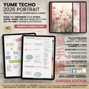 Puede incluir: Planificador digital "Yume Techo 2026 Portrait" con portada floral. Incluye calendario, secciones de cuaderno y enlaces a Google Calendar. La edición Garden es compatible con iOS, Android y Windows. Inicio lunes y domingo.
