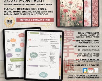 2026 Digital Planner Yume Techo Portrait Notebook Bullet Japanese Daily Multipurpose Minimalist ADHD Journal Hyperlinked PDF Goodnotes Study