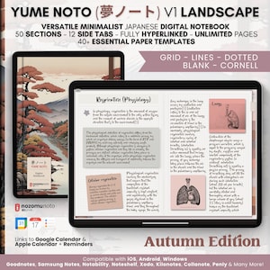 May include: A digital notebook app interface with a Japanese-style landscape background. The app features a variety of paper templates, including grid, lined, dotted, blank, and Cornell. The app also includes a calendar and reminder feature. The text on the screen reads "Yume Noto (夢ノート) V1 Landscape".