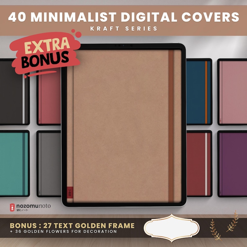 NozomuNoto Yume Noto V3 Portrait Kraft Color Edition notebook for GoodNotes, Notability, Penly, iPad and Android, showing extra bonus cover pack with Kraft cover bonus set and tablet mockup preview.