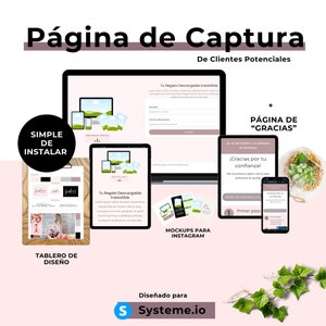 Puede incluir: Una plantilla de diseño gráfico rosa y blanca para una página de aterrizaje con el texto "Página de Captura" y "De Clientes Potenciales". La plantilla incluye un formulario, una maqueta de teléfono y una maqueta de computadora portátil. La plantilla está diseñada para Systeme.io.