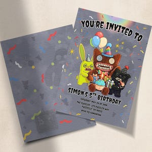 May include: A gray birthday invitation with the text "YOU'RE INVITED TO SIMON'S 5TH BIRTHDAY". The invitation features cartoon characters, balloons, and confetti. The back of the invitation has a gray background with confetti.